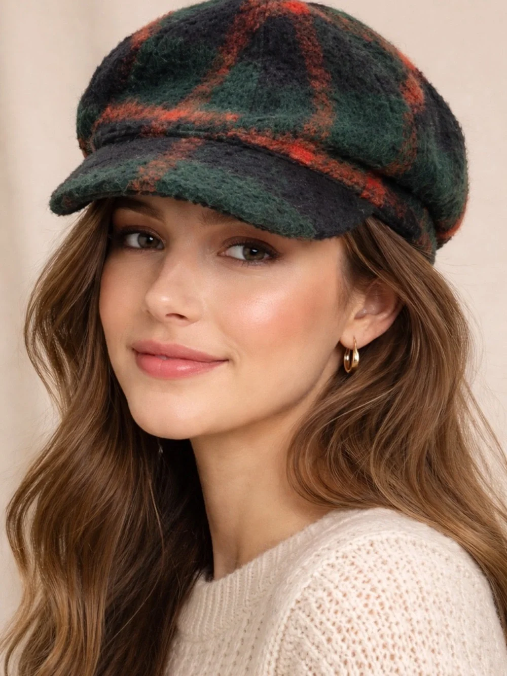 Free People Plush Plaid Cap in Green, Black & Red